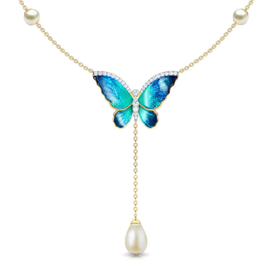 Blue Butterfly Pearl Necklace