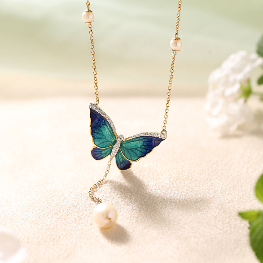 Blue Butterfly Pearl Necklace